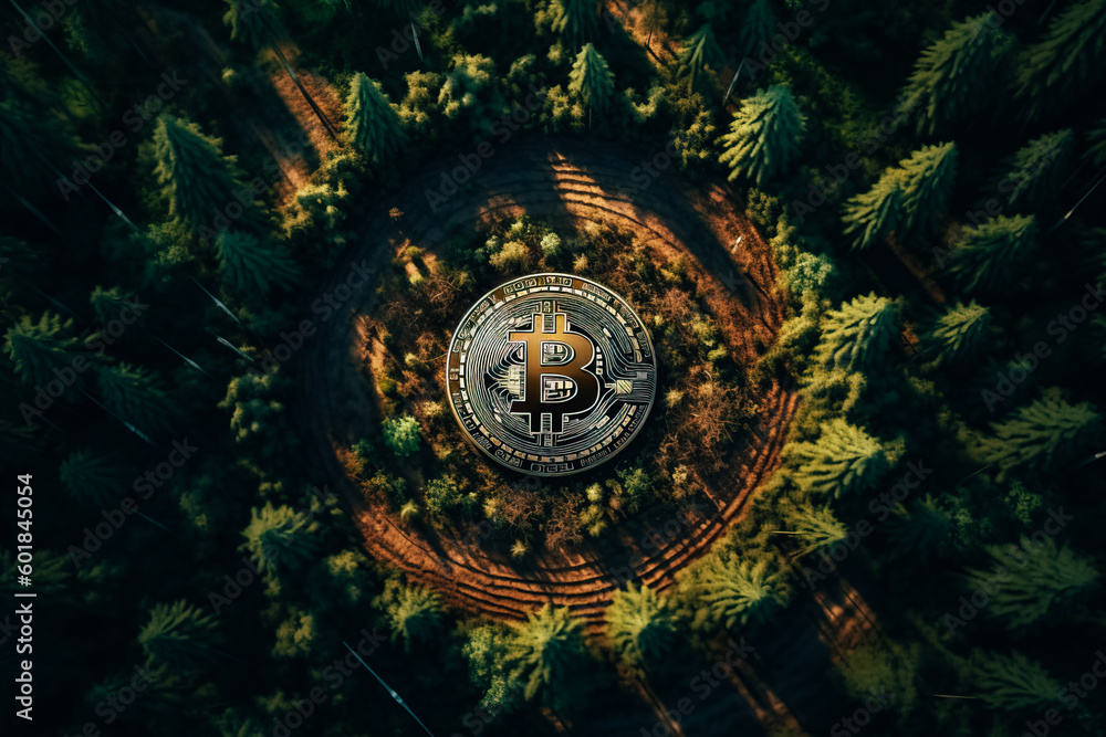 Deforestation in the shape of a bitcoin sign A digital overhead view of deforestation in the shape of a bitcoin sign Deforestation in the shape of a bitcoin sign A digital overhead view of deforestation in the shape of a bitcoin sign