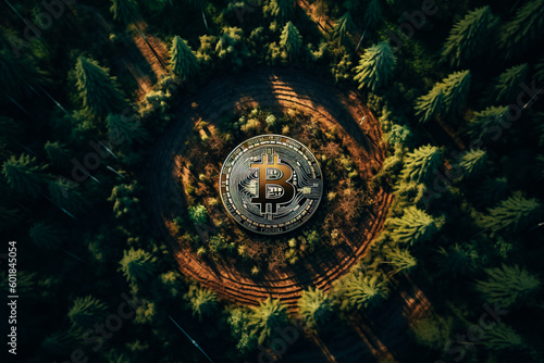 Deforestation in the shape of a bitcoin sign A digital overhead view of deforestation in the shape of a bitcoin sign