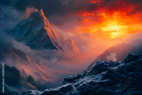 Landscape with sunrise on the background of a snowy mountain with a clear sky