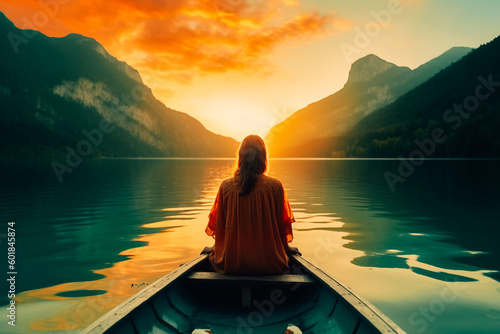 Woman sitting on a rowing boat on a beautiful lake at sunrise