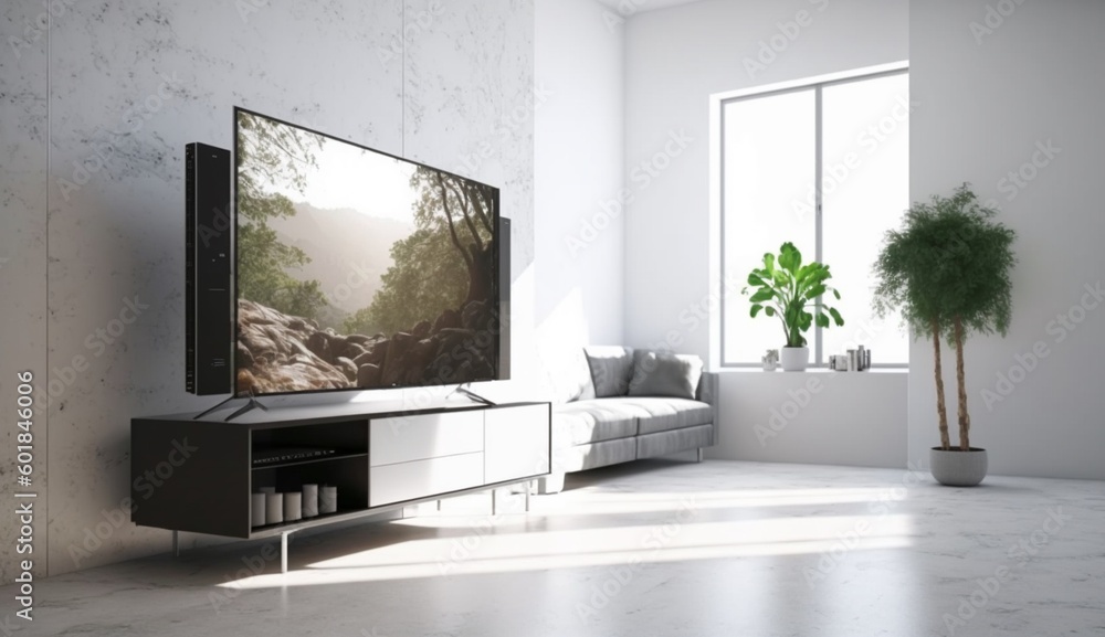 TV on the cabinet in modern living room on white wall background. Generative AI. TV on the cabinet in modern living room on white wall background. Generative AI.