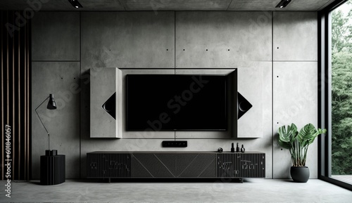 TV wall mount on cabinet the in modern living room the concrete wall. Generative AI.