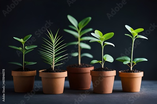 Seedling plants in pots on black mono background generative ai