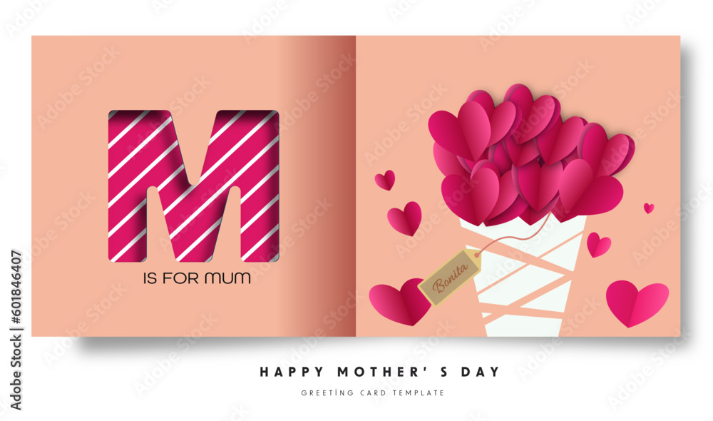Obraz premium Happy Mothers Day banner. Holiday background with big heart made of orange and red Origami Hearts on soft pink background with paper cut Mom text. Design for fashion ads, poster, flyer, card, website