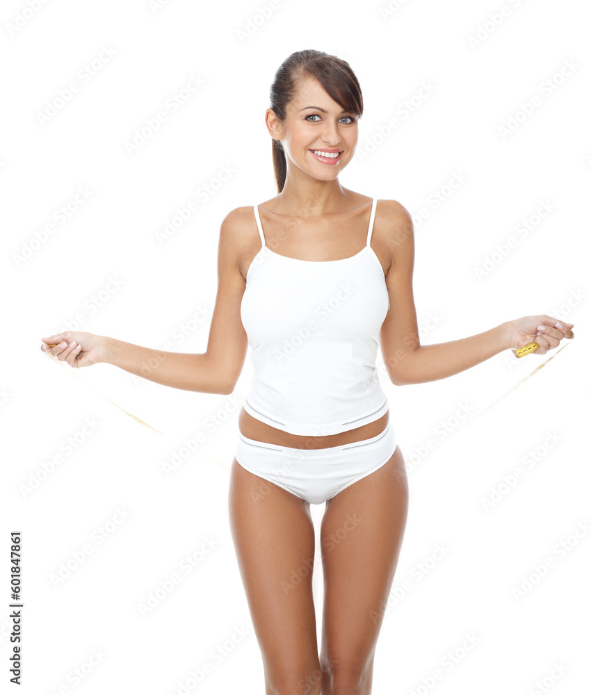 Young beautiful woman with measure tape on white Young beautiful woman with measure tape on white