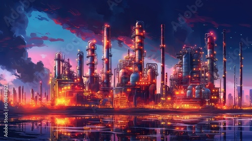 Night view of a large manufacturing plant  production facility  oil refinery  cement factory  big factory  multiple production 