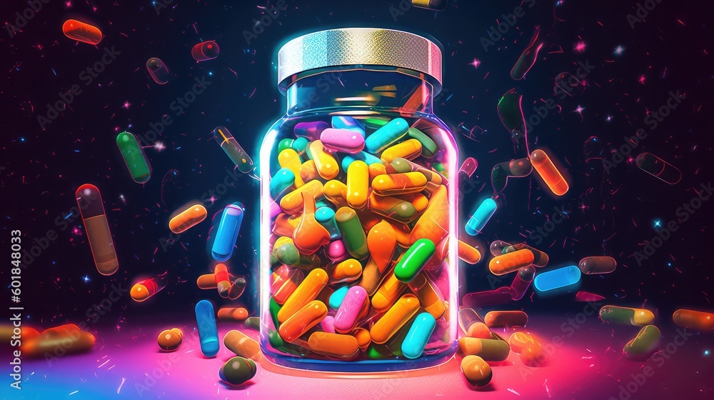 Full bottle of multivitamin supplements and capsules Chewable gummies