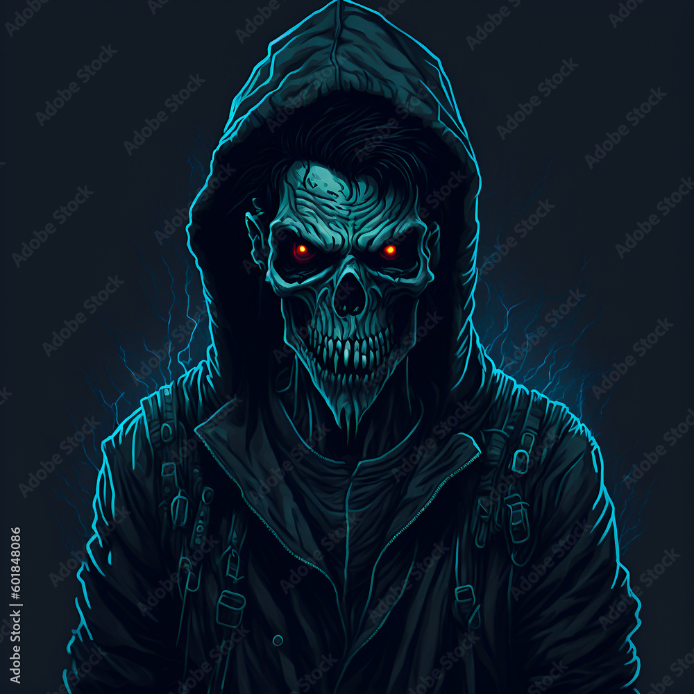 A zombie hacker, digital cod matrix face wallpaper background, cyber security concept image, created with generative AI A zombie hacker, digital cod matrix face wallpaper background, cyber security concept image, created with generative AI