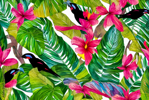 Abstract background of tropical leaves and colorful flowers in a modern style, jungle exotic print texture of natural elements on a black background, created by Generative AI