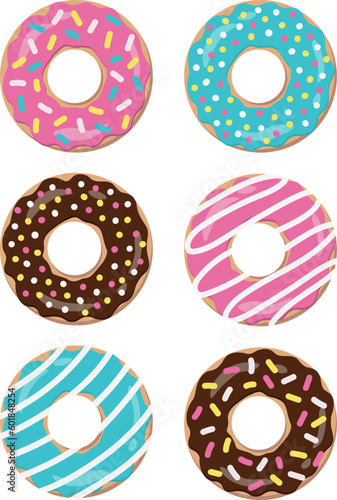 Doughnut set. Donuts in sugar glaze with sprinkles. Vector image