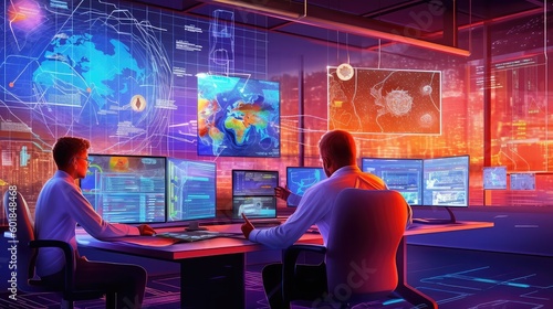 Two men working at the Cybersecurity and infrastructure security agency, cyber security threats, protection and awareness, cybercrime and cyberspace, cyber watch and computer secu photo