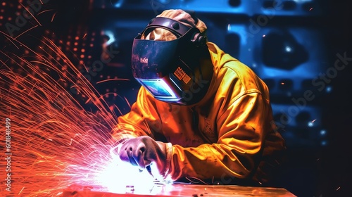 The skilled worker in the manufacturing plant diligently wears his safety gear as he expertly welds metal, showcasing the dedication to worker safety and the precision of the heavy-duty industry