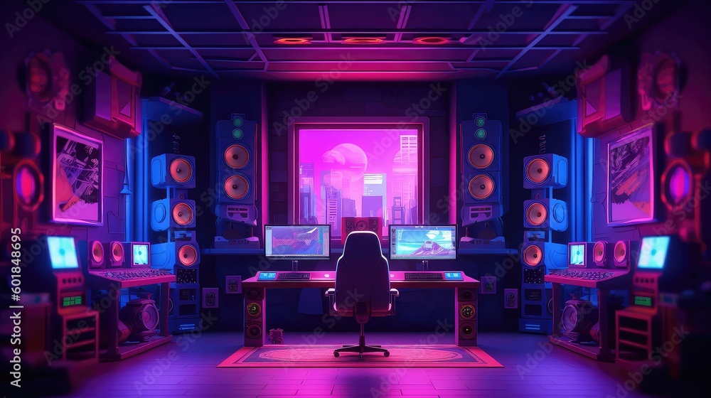 Interior of Modern audio recording studio with equipment and recording both, mixing machine, audio monitors, and studio setup, Neon color of the audio recording studio and interior Interior of Modern audio recording studio with equipment and recording both, mixing machine, audio monitors, and studio setup, Neon color of the audio recording studio and interior