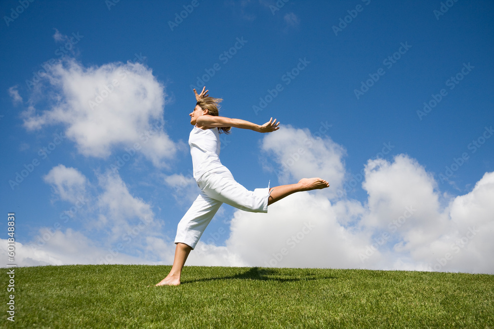 Happy young girl jumping on a beautiful landscape Happy young girl jumping on a beautiful landscape