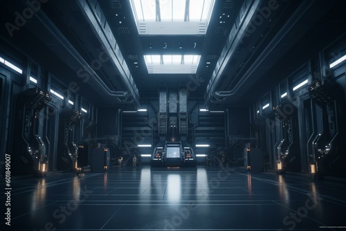 Fototapeta Dark 3D rendered sci-fi great hall with an industrial feel, perfect for wallpaper backgrounds