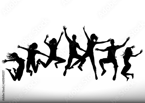A group of young people jumping into the air. All people are individual objects. Vector illustration.