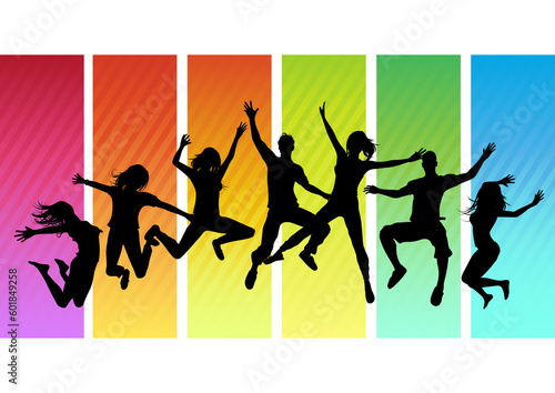 A group of young adults jumping! All people silhouettes are individual objects. Vector Illustration.