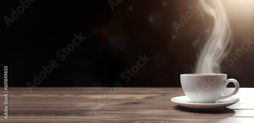 Steaming coffee in white cup on wooden table and dark brown background. Free space for text. Generative AI