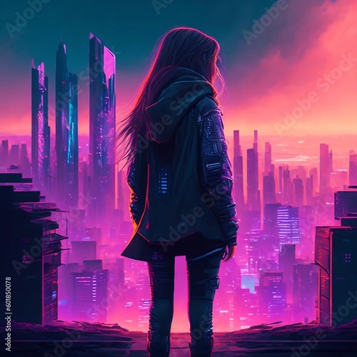 young girl standing and looking at the cyberpunk city