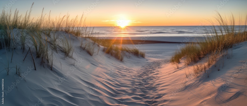 Path on the sand going to the ocean in the Beach at sunrise or sunset, beautiful nature landscape. Generative AI Path on the sand going to the ocean in the Beach at sunrise or sunset, beautiful nature landscape. Generative AI