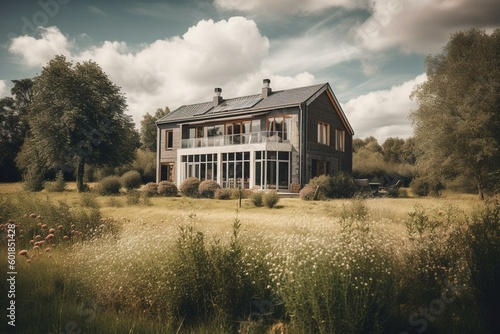 A contemporary rural house showcasing vast windows and a garden under a striking sky. Generative AI © Zoe