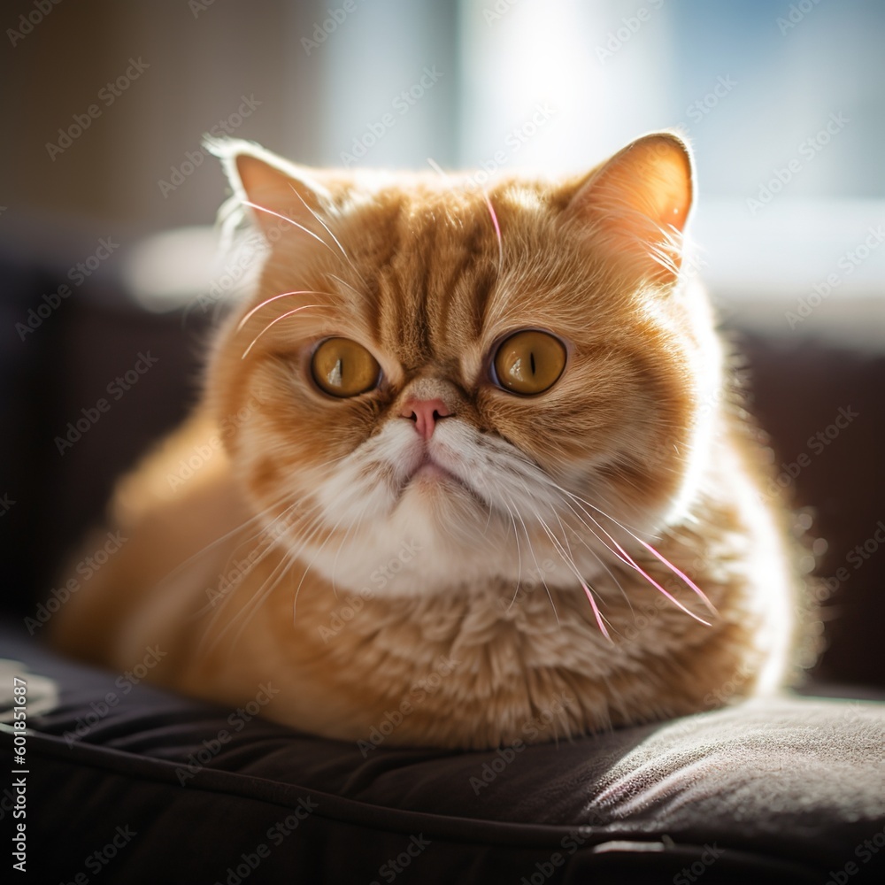 Fototapeta premium Dreamy Gaze: Exotic Shorthair Cat in Soft Morning Light