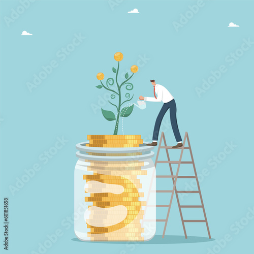 Income increase and management of own money resources, profit from investments or innovations or bank deposits, salary increases, savings and accumulation of money, businessman waters a jar of coins.