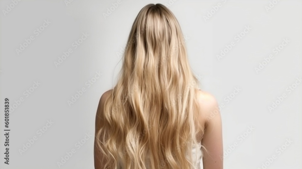 Naklejka premium Young woman with long blond hair on grey background, back view. Generative AI