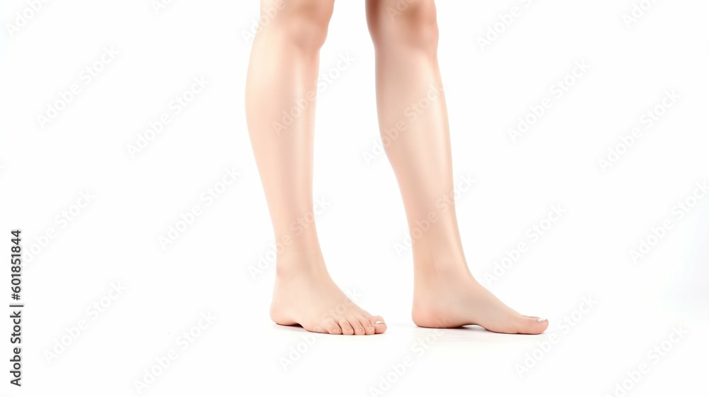 Beautiful well-groomed women's legs are close-up on a white isolated background, The concept of epilation of foot skincare or getting rid of cellulite.. Generative AI
