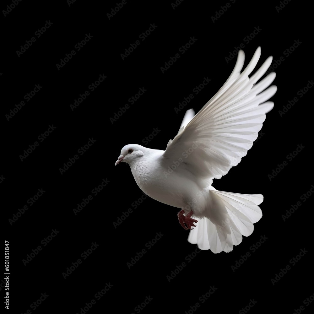 Flying white dove isolated on a black background. Generative AI Flying white dove isolated on a black background. Generative AI