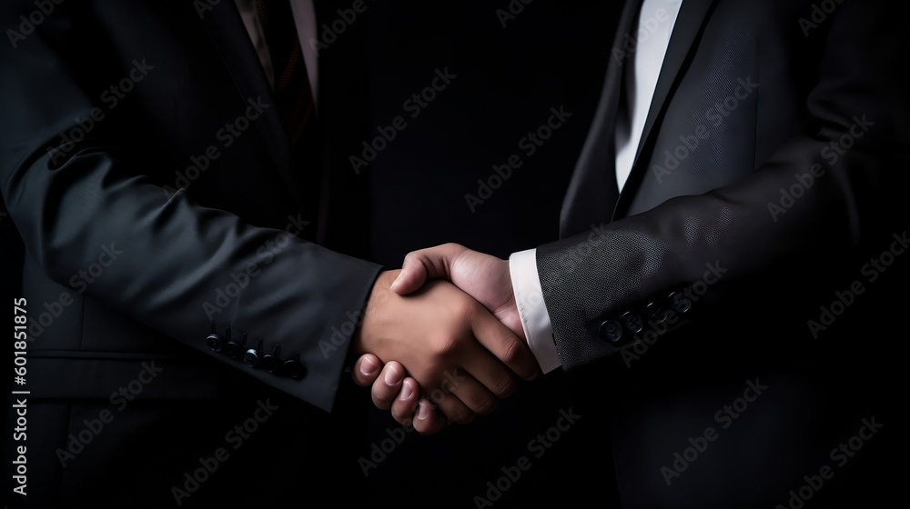 Businessman Wearing Black Suit Business Handshake. Isolated on black background. Generative AI