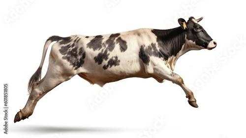 Cow isolated on white. Jumping cow. Spotted cow. Farm animals. Cow  standing full-length in front of white background. Generative AI