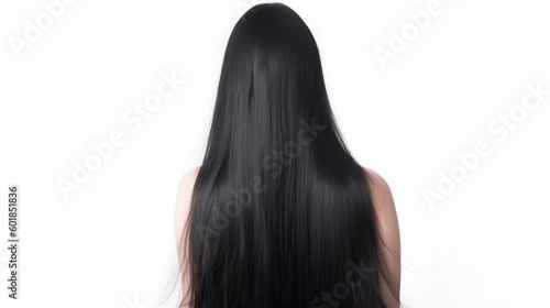 Young woman with black curly hair on black background, back view. Generative AI