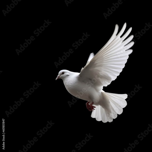 Flying white dove isolated on a black background. Generative AI