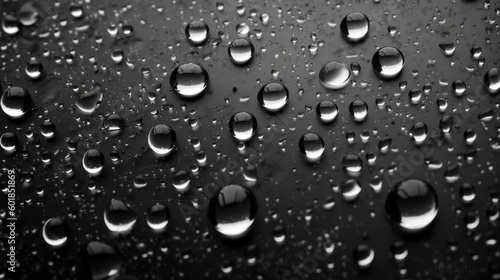 Drops of water on glass on a black background. Texture for creativity. Generative AI