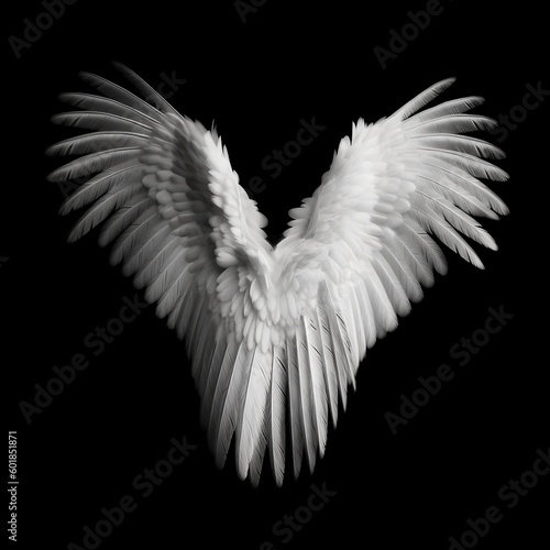 Flying white angel wing isolated on black background. Generative AI ©  Mohammad Xte