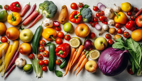 Lot of different colorful vegetables on white background. Healthy food flat lay. Ai generative