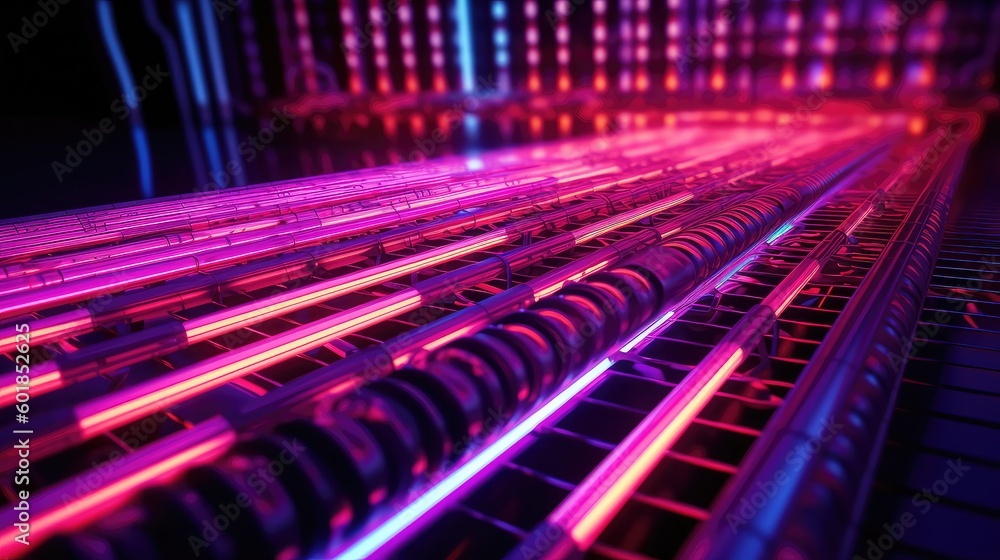 Fototapeta premium Automatic conveyor line for production facilities with ultraviolet quality check, creative concept of industrial production facilities, manufacturing plants equipment for continuous automated product 
