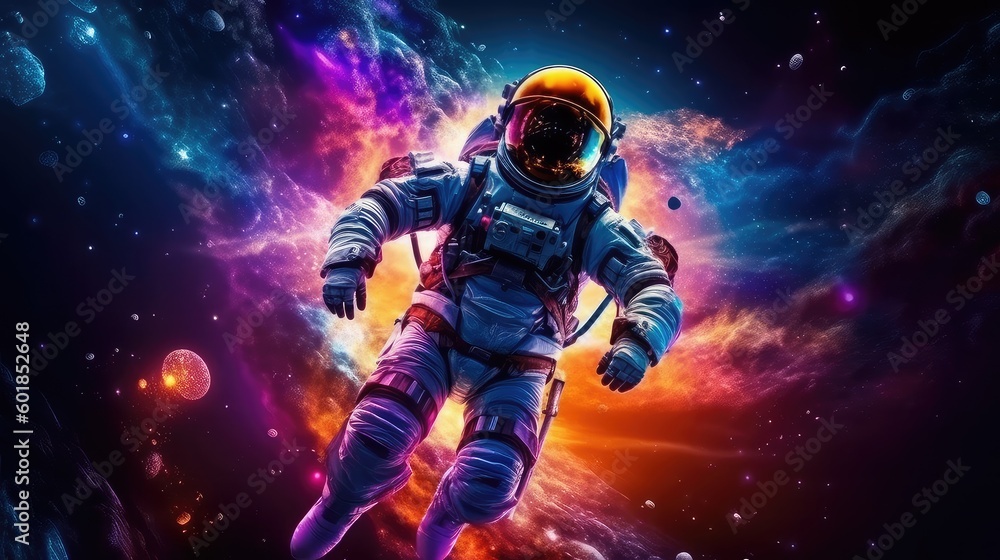 Astronaut Wearing Suites on a scientific mission on sapce and bright light reflecting on the helmet glass and the world and some cosmic events in the background,  