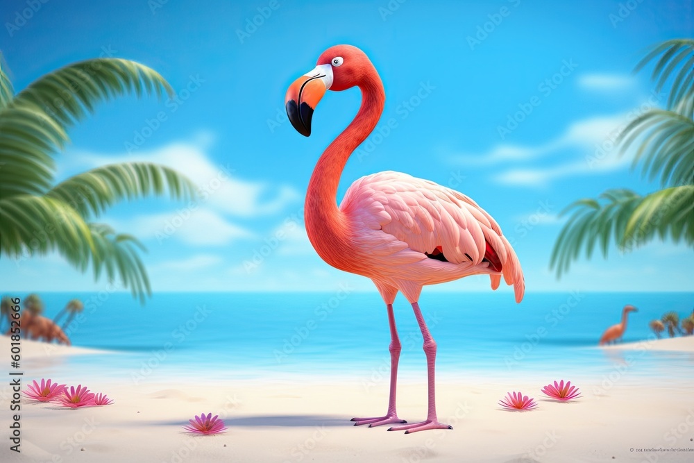 Fototapeta premium Cute Cartoon Flamingo in a Tropical Scene (Generative AI)