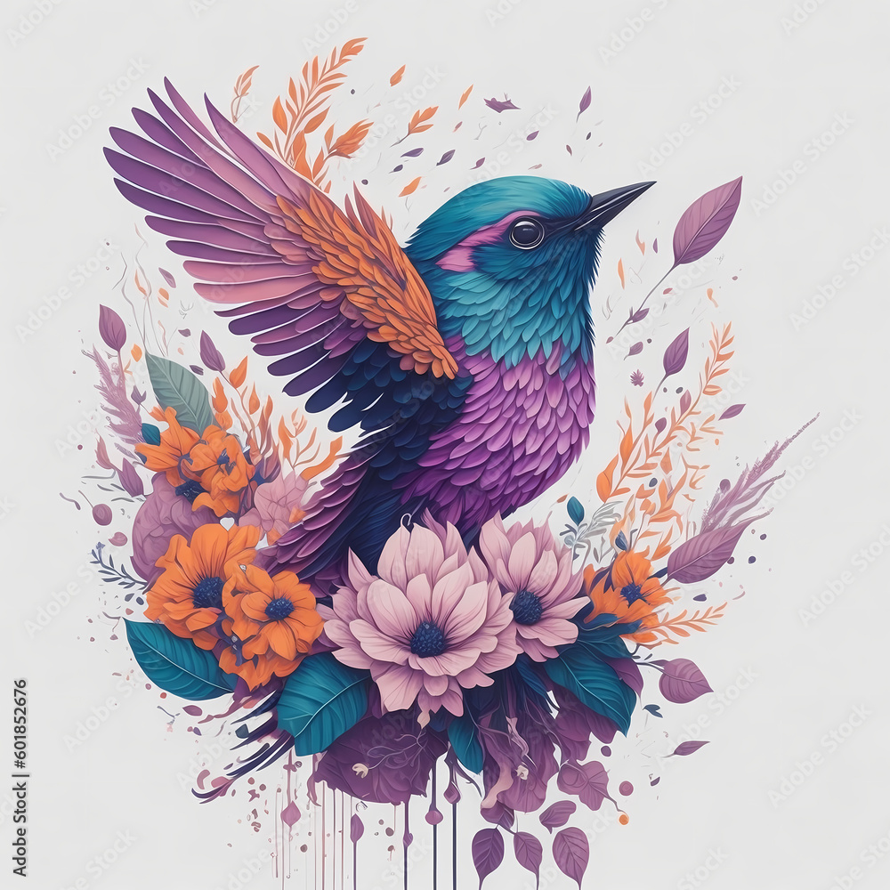 Obraz premium colorful bird on a branch with flowers