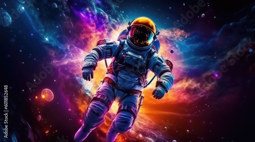 Astronaut Wearing Suites on a scientific mission on sapce and bright light reflecting on the helmet glass and the world and some cosmic events in the background,   © AIPERA