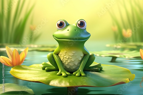 Cute Cartoon Frog Sitting on a Lily Pad (Generative AI) © JJAVA