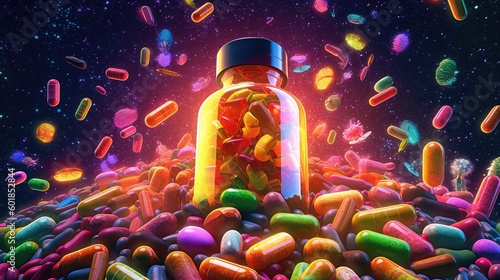 bottle of multi-vitamin supplements and capsules Chewable gummies and colorful vitamin tablets floating around the vitamin bottles, perfect for multivitamin advertisement campaigns and packaging photo