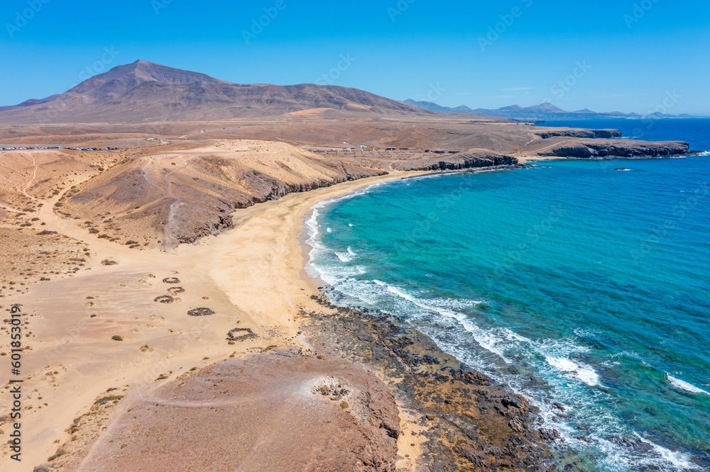 Drone picture from Los Ajaches National Park on the Canary Island Lanzarote with the famous Papagaqyo Beaches