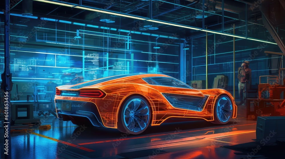 Super car manufacturing facility,  racing car production,  automobile industry operations,  modern car workshop, future car development process, concept car models and illustrations, electric vehicle
