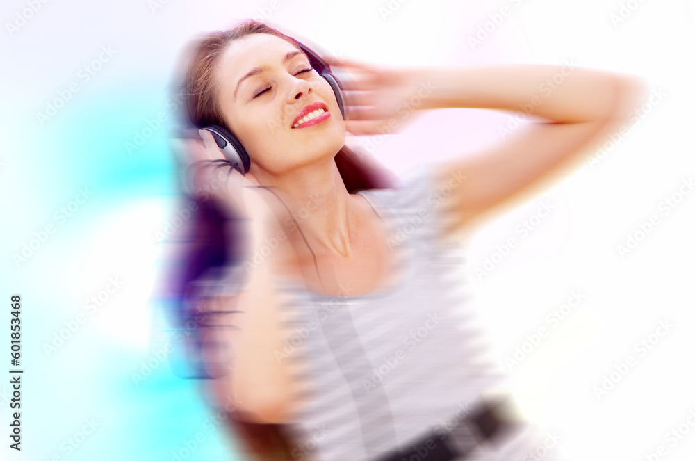 view of young  female listening music via earphones. Image may contain slight multicolor aberration as a part of design.