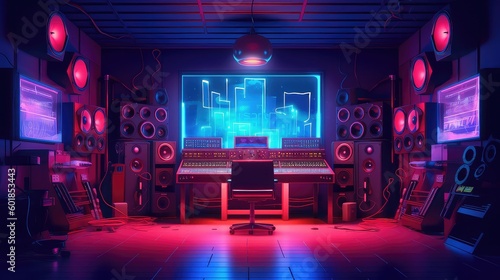 Modern audio recording studio with equipment and recording both, mixing machine, audio monitors, and studio setup, Neon color of the audio recording studio and interior 