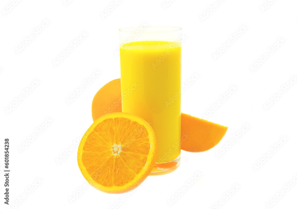 Glass of orange juice and oranges on a white background Glass of orange juice and oranges on a white background