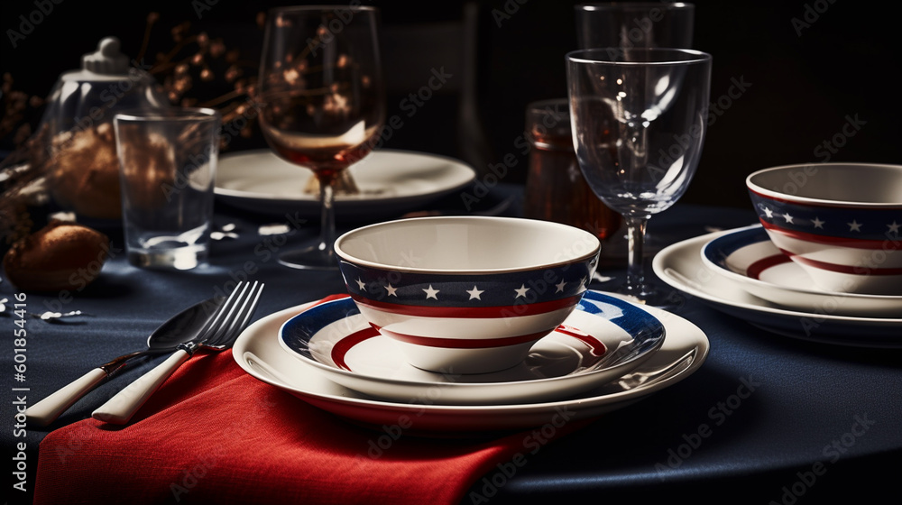 Patriotic American Holiday Themed Dinner Plate Setting and Tablescape- Flag Red, White, and Blue - Veterans Day, Memorial Day, and Fourth of July Concept - Generative AI
